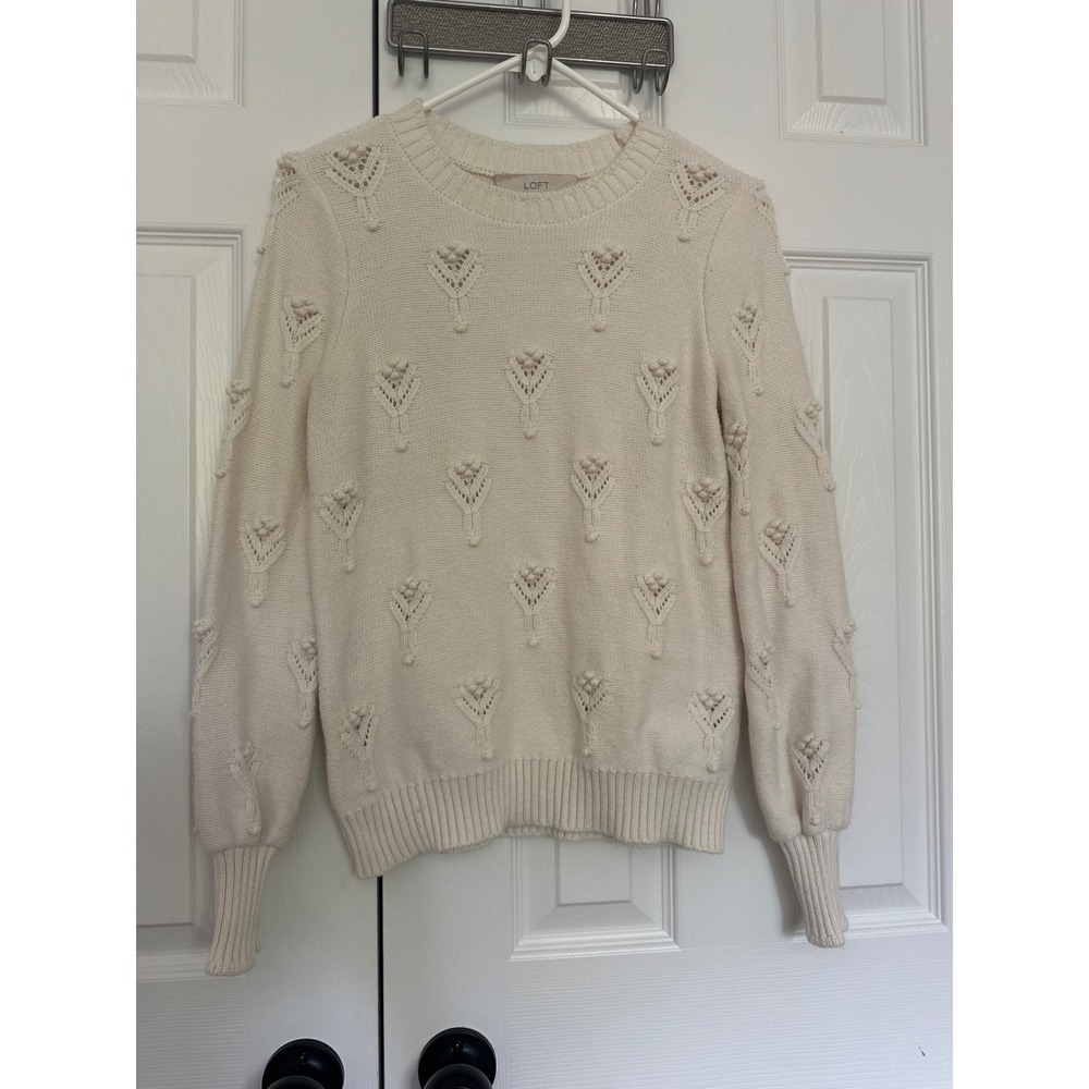 Loft Cream Pointelle Bobble Puff Sleeve Cotton Blend Sweater Small